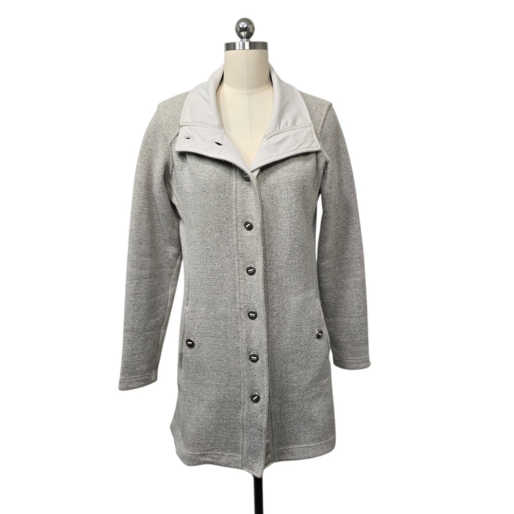 Kuhl Alska Long Fleece Jacket Oatmeal Heather Gray Button Front Parka Womens Med
